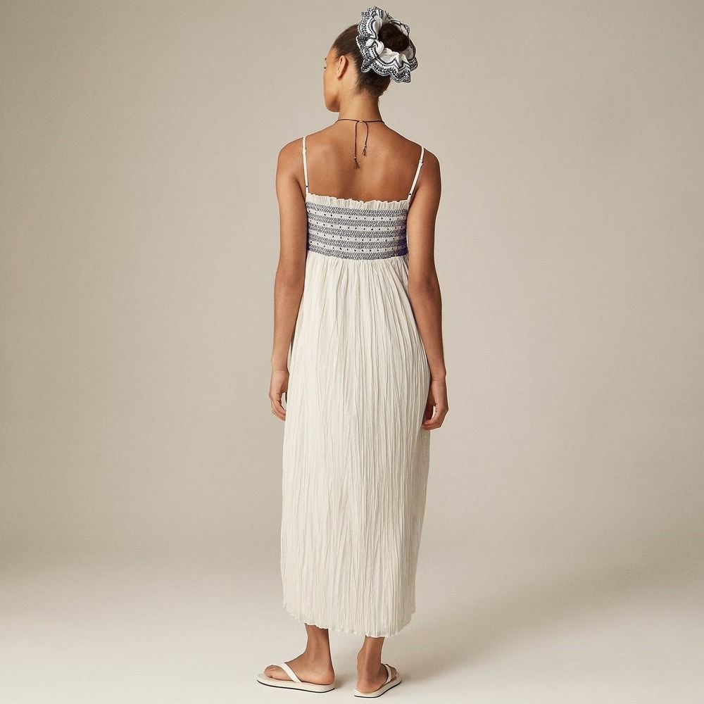 J.Crew Catania Cotton Smocked Maxi Dress XL White Blue Summer Vacation Easy NWT - Picture 2 of 14